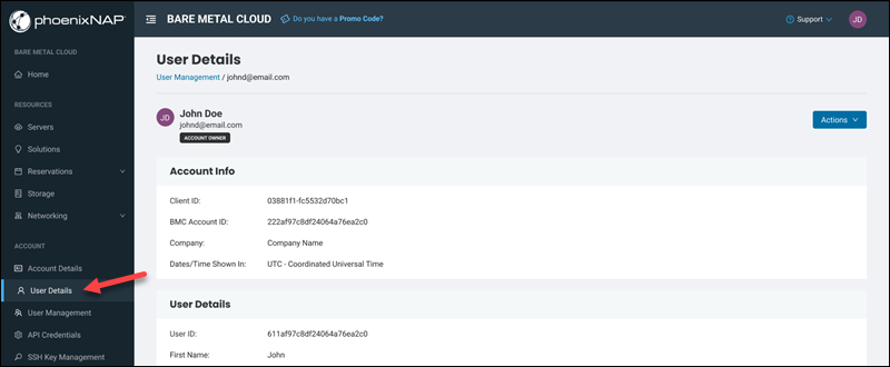 Bare Metal Cloud portal User Details page