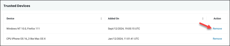 Bare Metal Cloud portal User Details Trusted Devices remove link