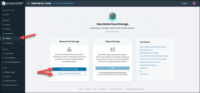 Bare Metal Cloud Storage page NFS Buttons