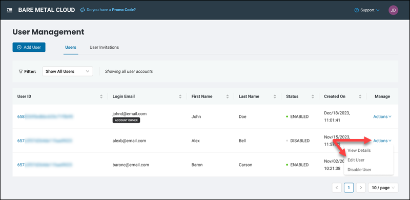 Bare Metal Cloud user management actions edit user