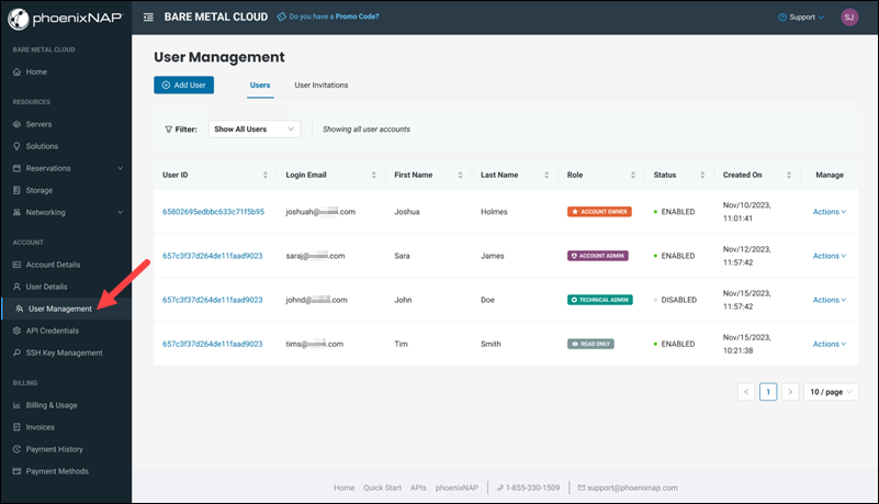 Bare Metal Cloud user management users page