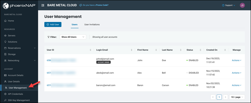 Bare Metal Cloud user management users page