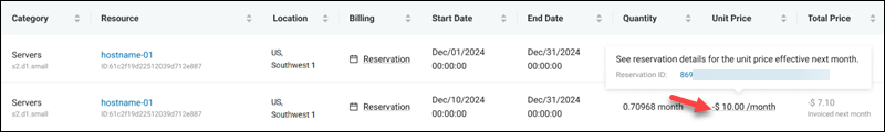 Billing and usage negative unit price hover reservation ID