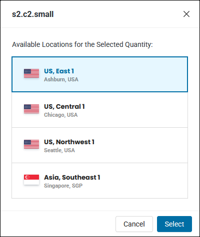 BMC available locations selection menu.