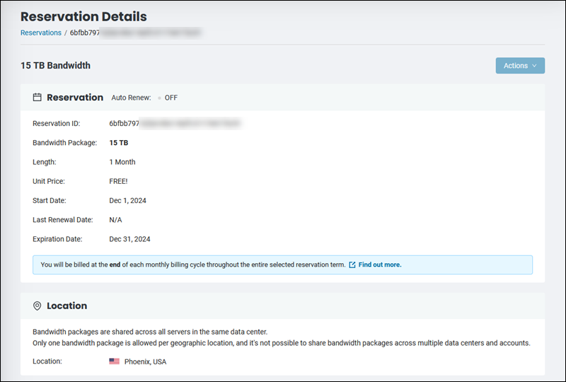 BMC bandwidth reservation details page.