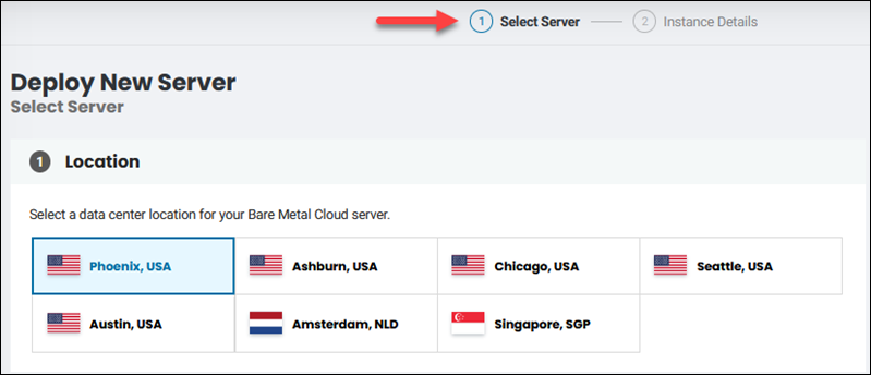 BMC Portal select location for the server.
