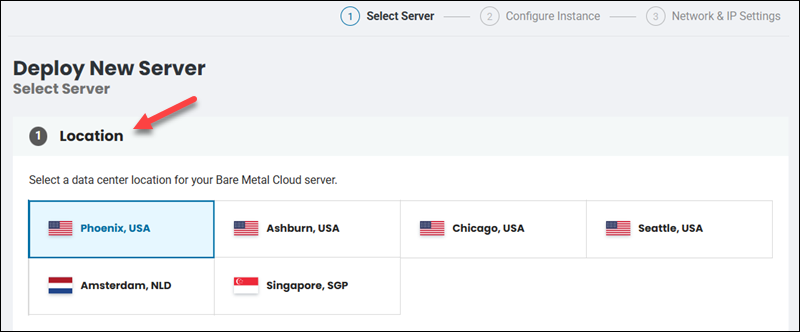 BMC Portal select location for the server.