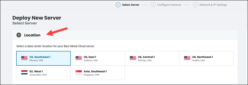 BMC Portal select location for the server.