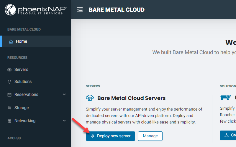 BMC Portal Home page and Deploy new server button