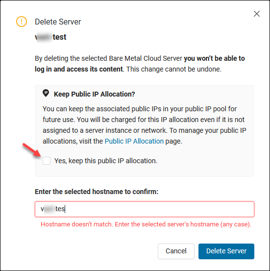 Confirmation message when deleting a BMC server