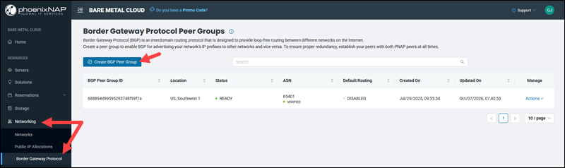 Location of the Create BGP Peer Group button in BMC.