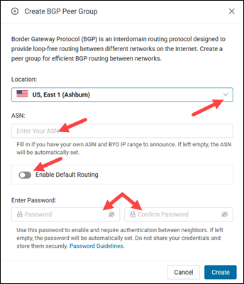 The options in the Create BGP Peer Group dialog.