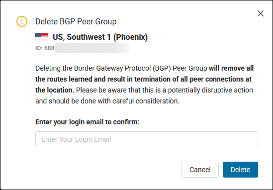 The Delete BGP Peer Group dialog.