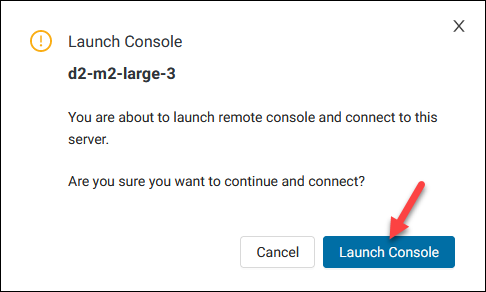 Confirmation message when connecting to a BMC server using the Remote Console feature.