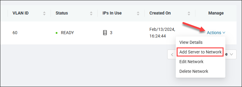 The quick action to Add Server to Network.