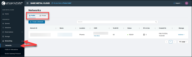 BMC portal Networks page