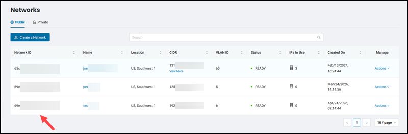 New network listed in the table.