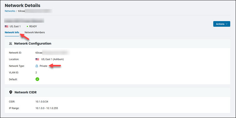 Private network details page in the BMC portal.