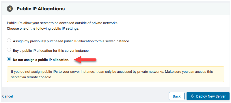 do not assign a public IP allocation for the server being deployed. 