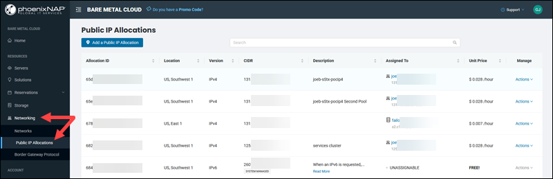 BMC portal Public IP Allocations page