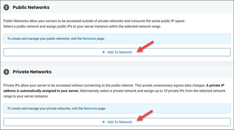 Select a private or public network when deploying a server. 