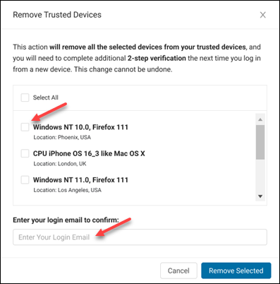 Remove trusted devices new window