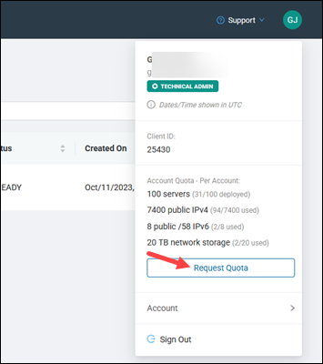 Request quota profile menu button