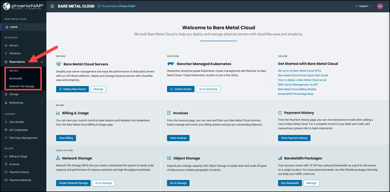 The Reservations item in the main menu.