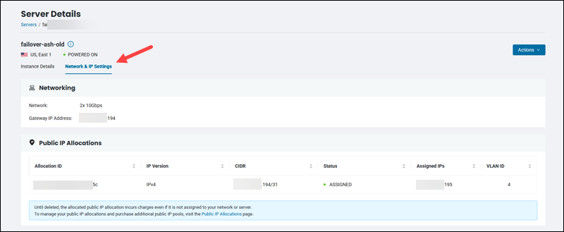 Network & IP Settings tab in the server details screen.