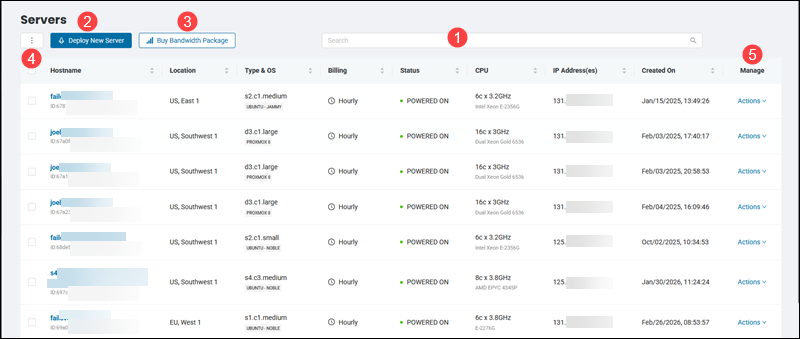 Server list page in the BMC portal