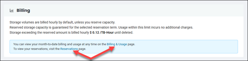 Storage network billing UI