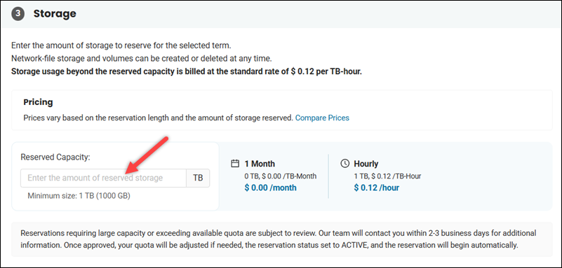 Specifying the storage capacity for the reservation.