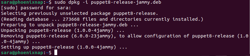 sudo dpkg -i puppet8-release-jammy.deb terminal output