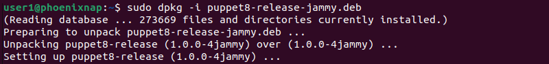 terminal output for sudo dpkg -i puppet8-release-jammy.deb