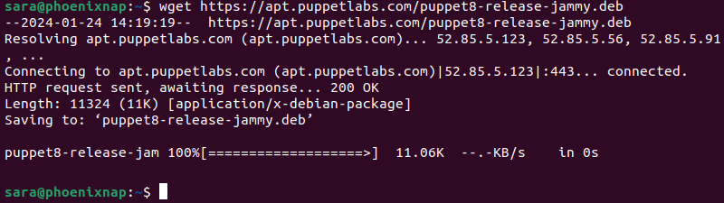 terminal output for wget https://apt.puppetlabs.com/puppet8-release-jammy.deb