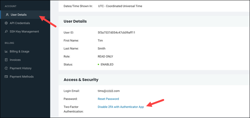 User Details page security enable 2FA