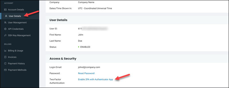 User Details page security enable 2FA