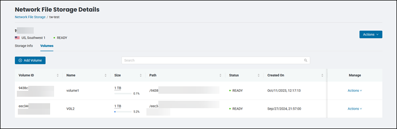 Volumes tab and volume details page