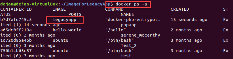 Terminal displaying a list of local Docker images with status