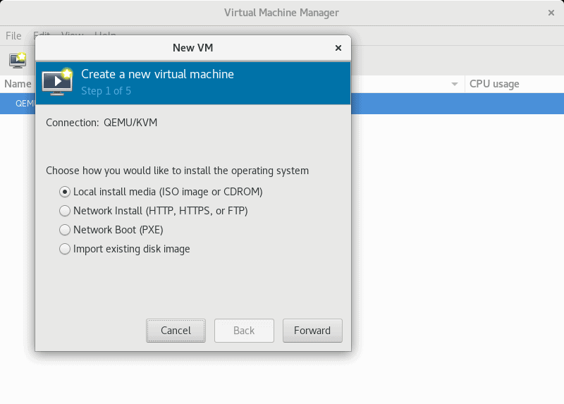 Selecting the installation method in virt-manager GUI