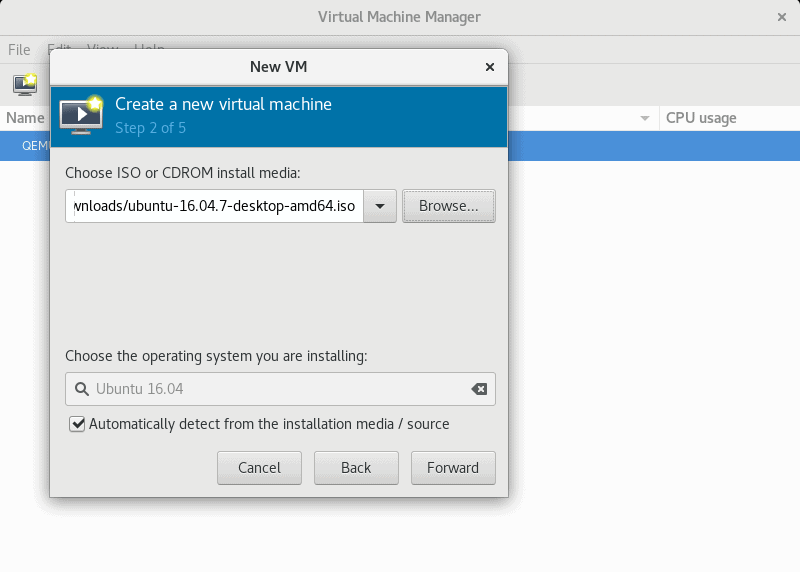 Specifying the path to ISO disk image of the OS, using virt-manager GUI