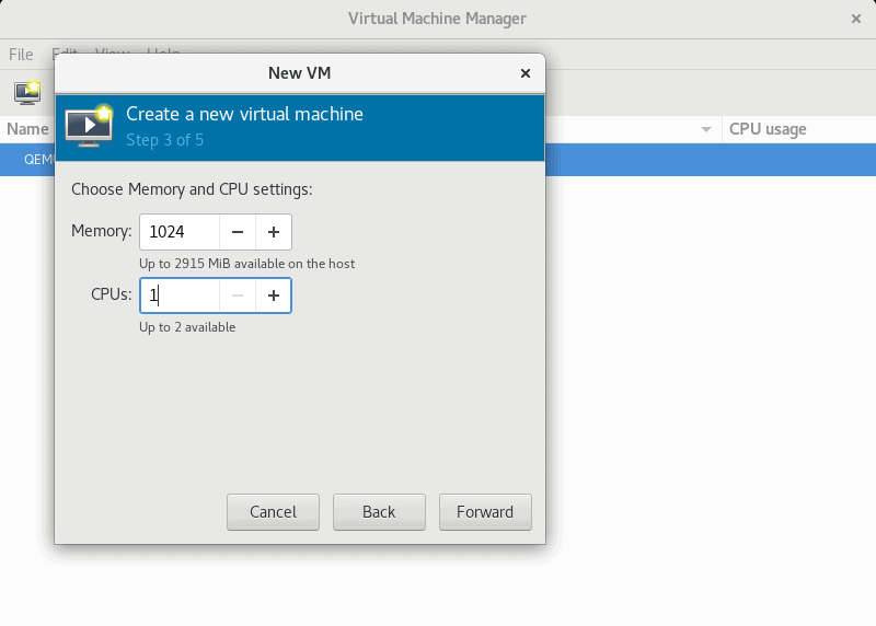 Allocating RAM and CPUs for the VM in virt-manager GUI