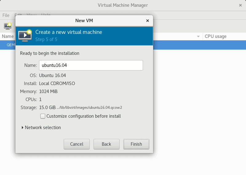 Confirming the set parameters for VM creation in virt-manager GUI