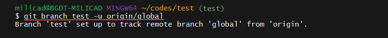 git branch -u command and confirmation of tracking change