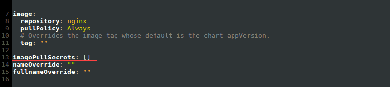 Default chart name override values in the values.yaml file