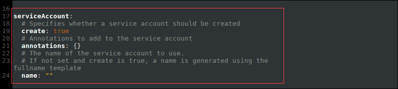 Default service account name in the values.yaml file