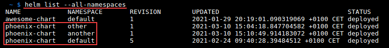 Terminal output of listing all namespaces with the command helm list --all-namespaces