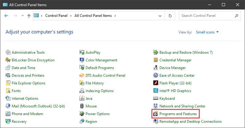 Programs and Features option in Control Panel