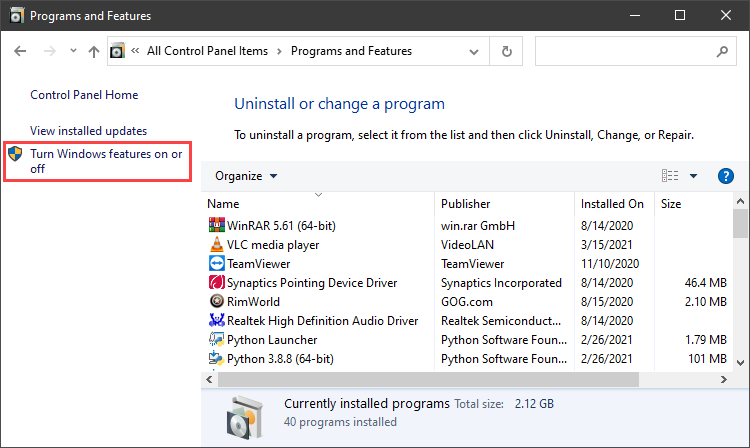 Turn Windows features on or off setting in Programs and Features