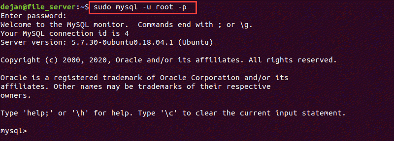 Accessing the MySQL shell in the terminal.